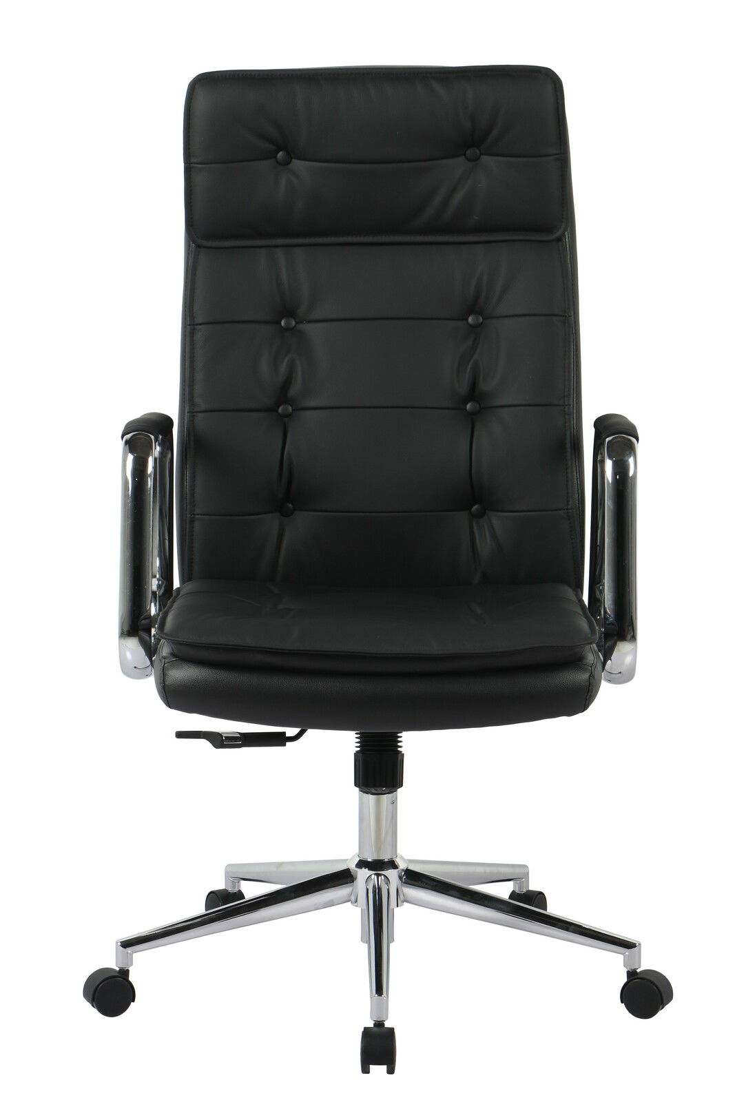 Schwarzer Chefsessel aus Leder mit verchromten Armlehnen und Rollen, Frontalansicht