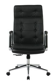 Schwarzer Chefsessel aus Leder mit verchromten Armlehnen und Rollen, Frontalansicht