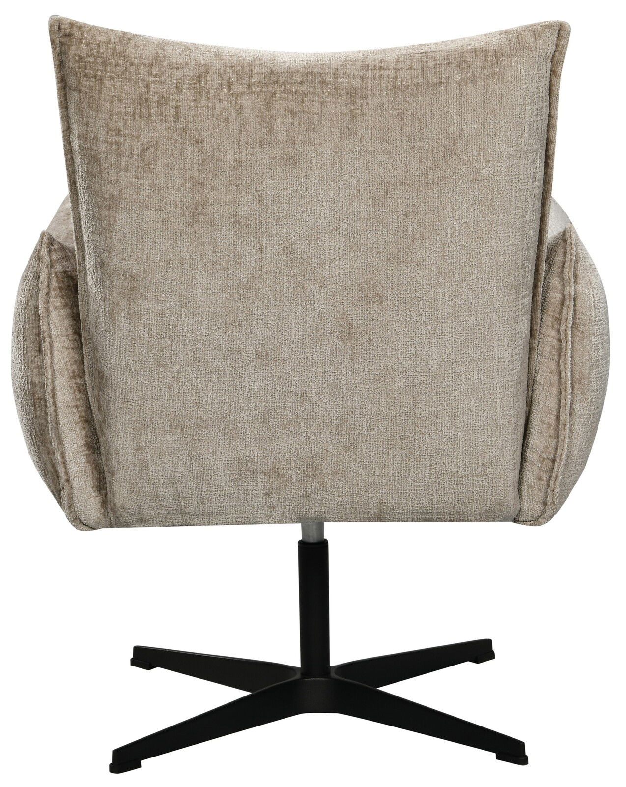 Rückansicht eines beigen Relaxsessels mit schwarzem Drehfuß