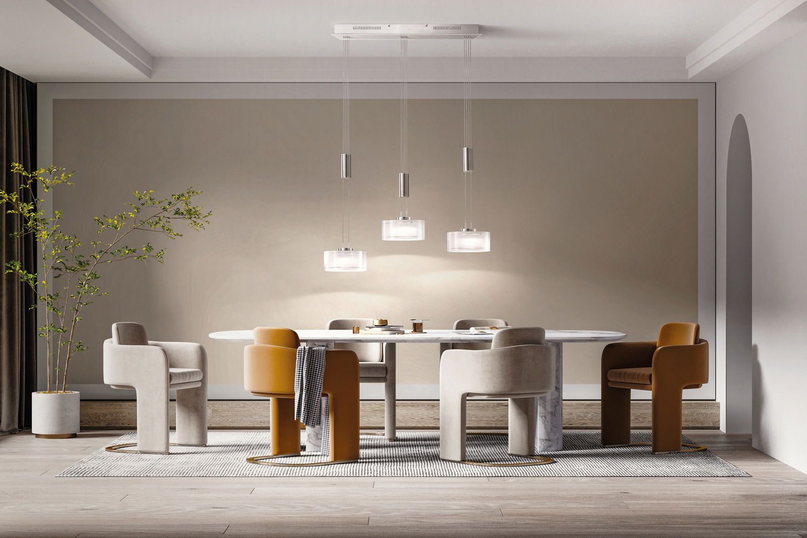 Moderne LED-Pendelleuchte mit drei Leuchten über einem Esstisch, seitliche Perspektive