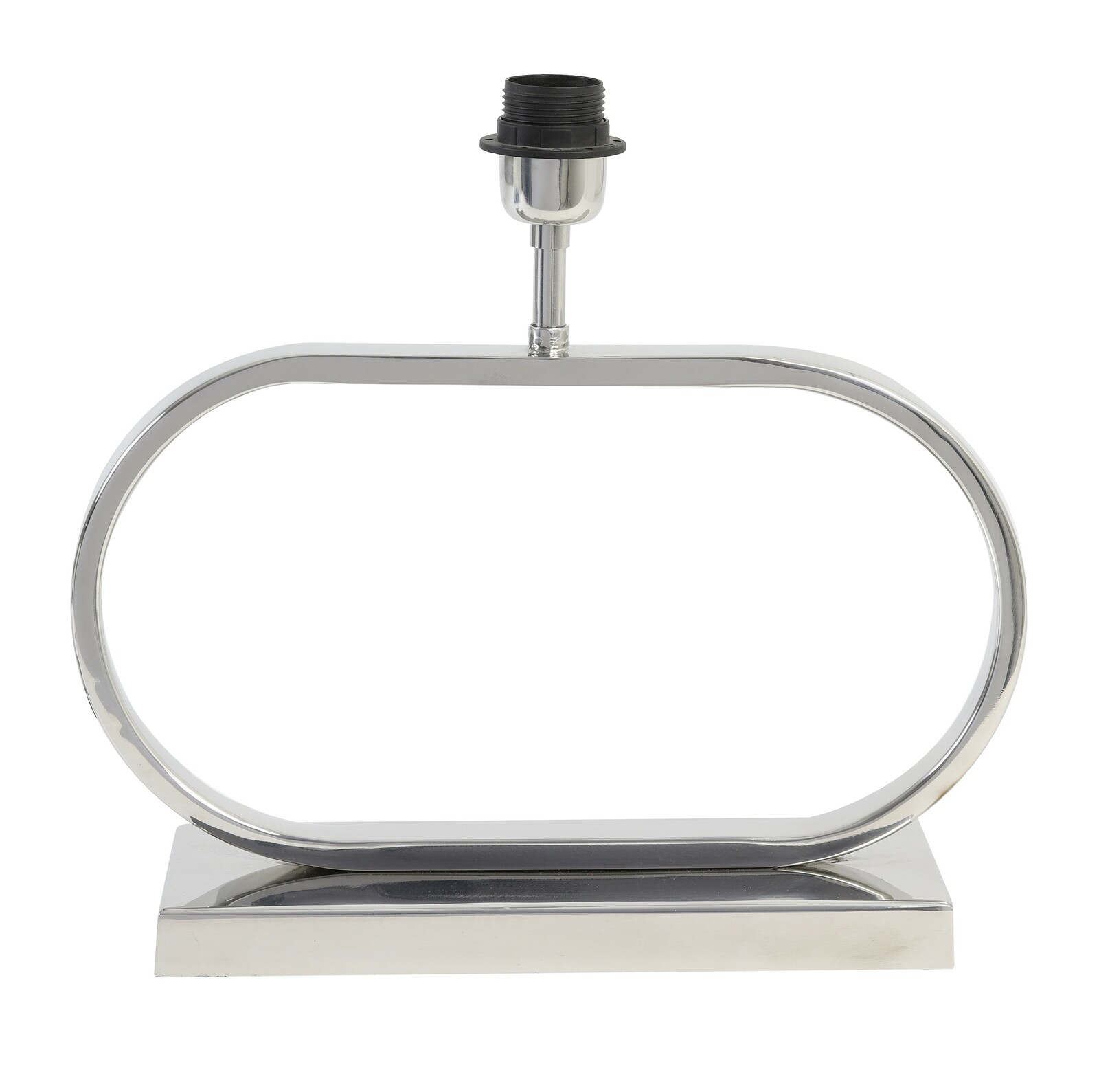 Moderner Lampenfuß aus Metall in ovaler Form, frontal fotografiert.