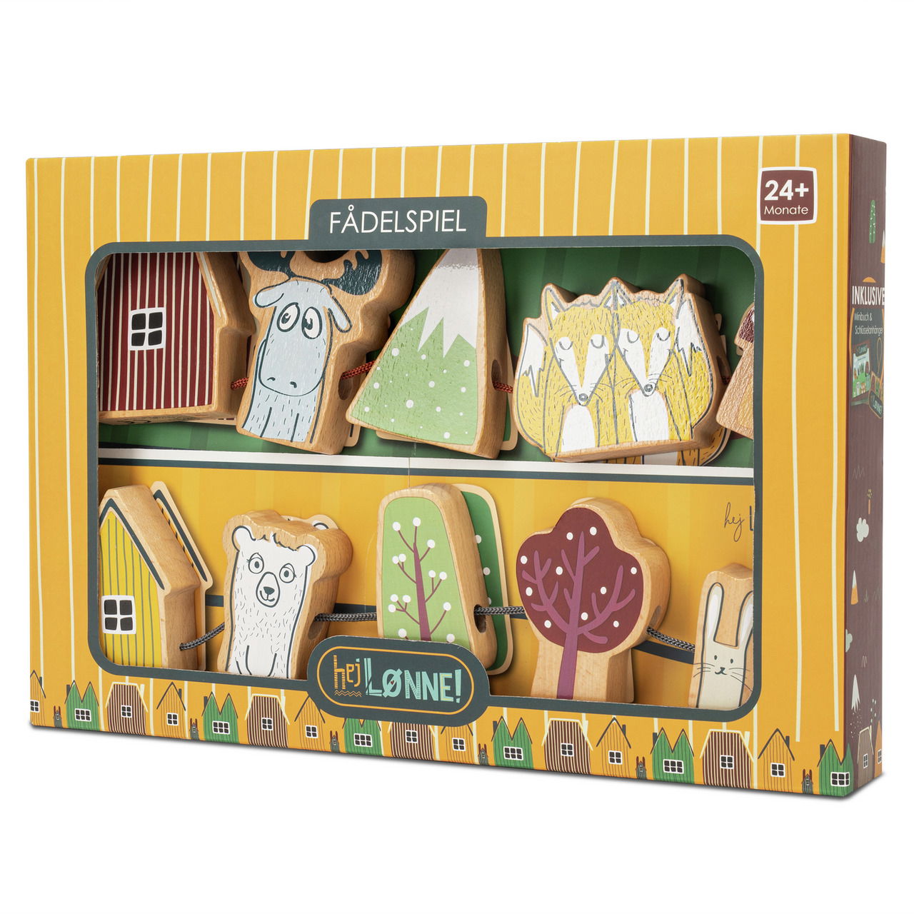 Fädelspiel mit bunten Holzfiguren von Tieren und Bäumen in einer gelben Verpackung, Vorderansicht