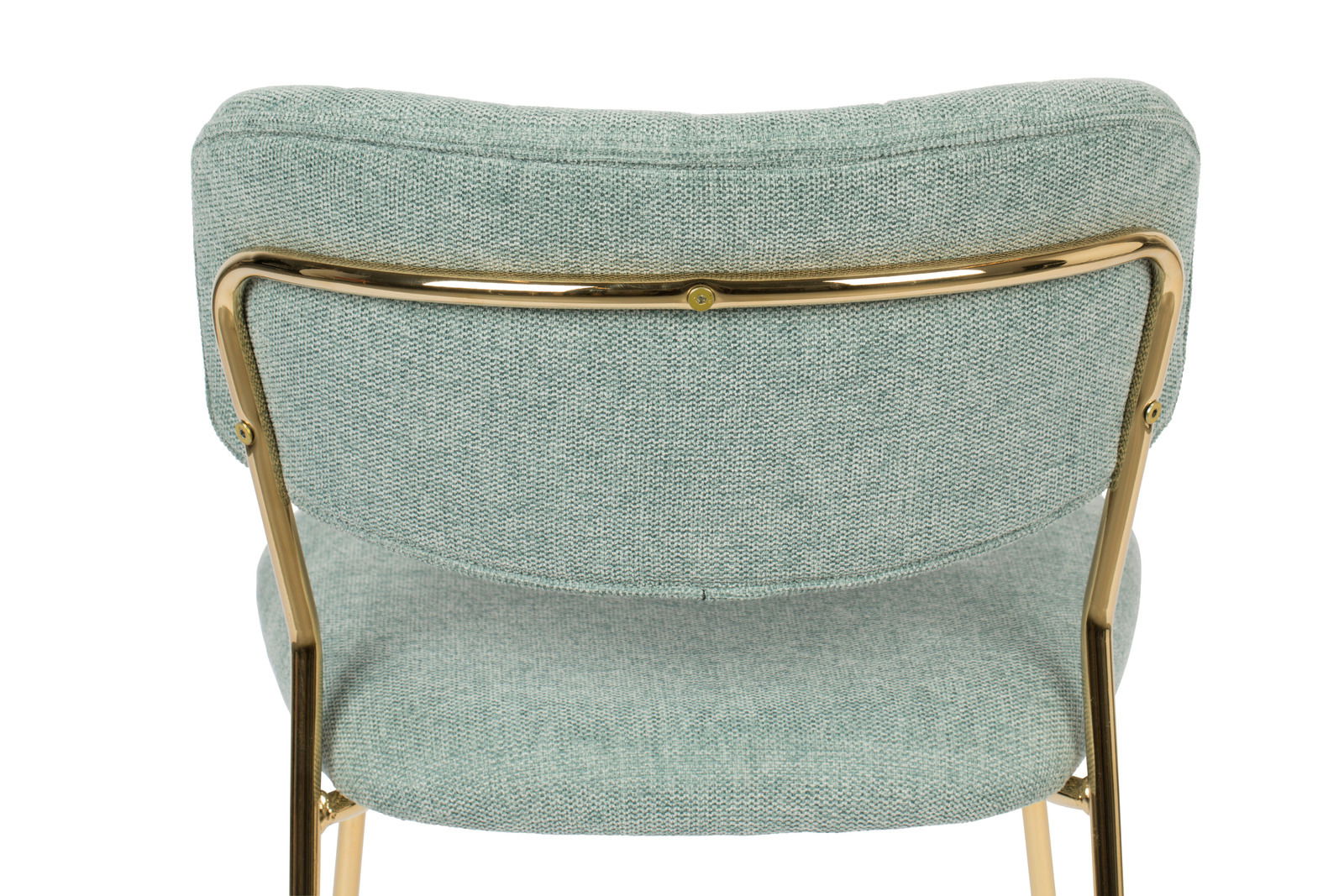 Rückansicht eines Stuhls mit grünem Stoffbezug und goldfarbenem Metallrahmen.