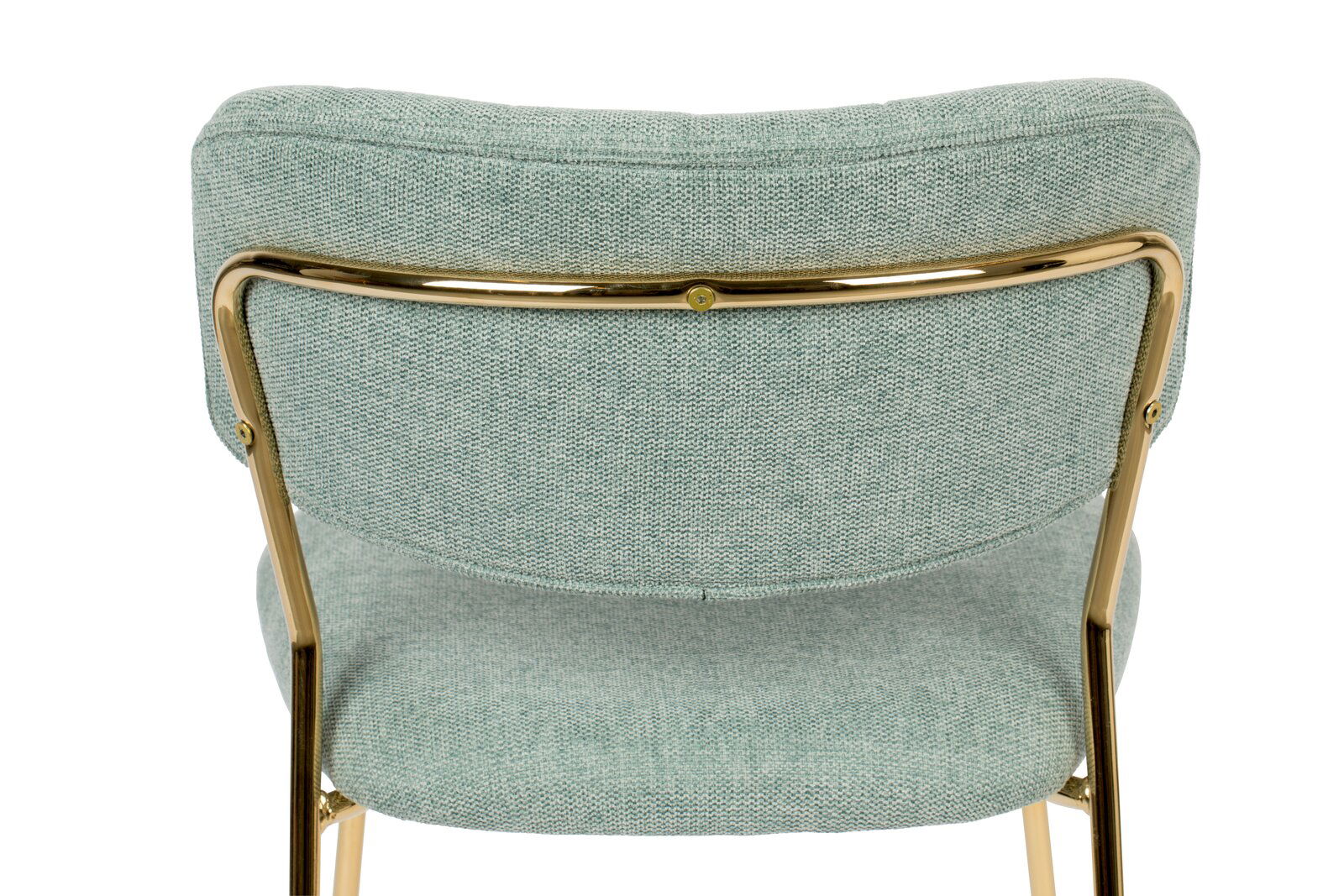Rückansicht eines Stuhls mit grünem Stoffbezug und goldfarbenem Metallrahmen.