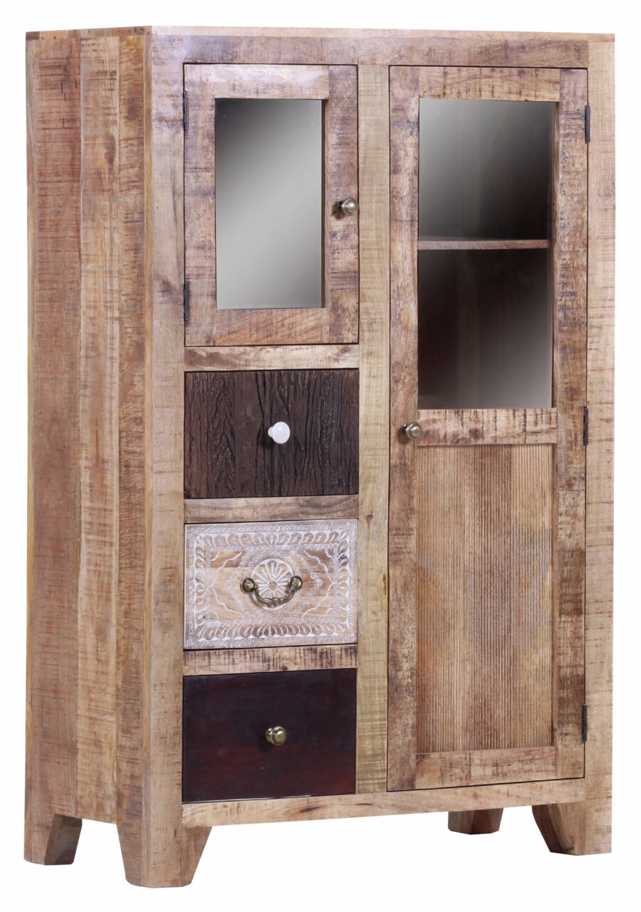 Rustikales Highboard aus Holz mit zwei Glastüren und drei Schubladen, frontal abgebildet.