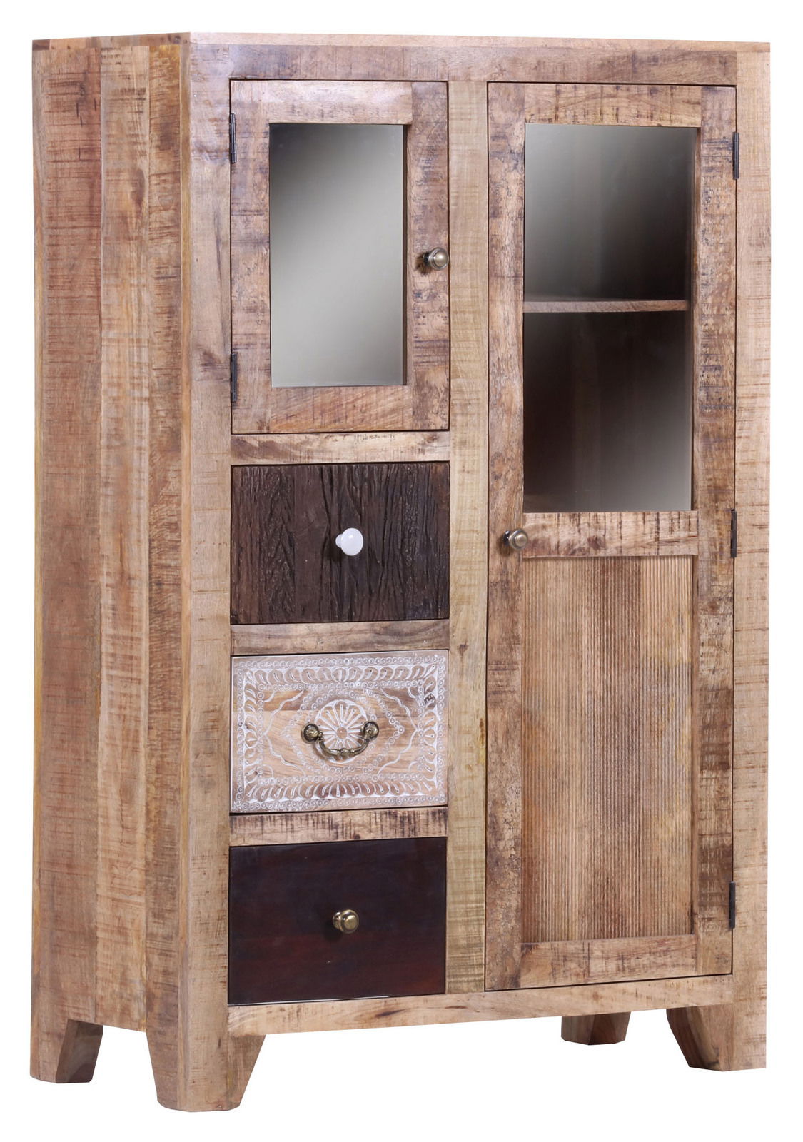 Rustikales Highboard aus Holz mit zwei Glastüren und drei Schubladen, frontal abgebildet.
