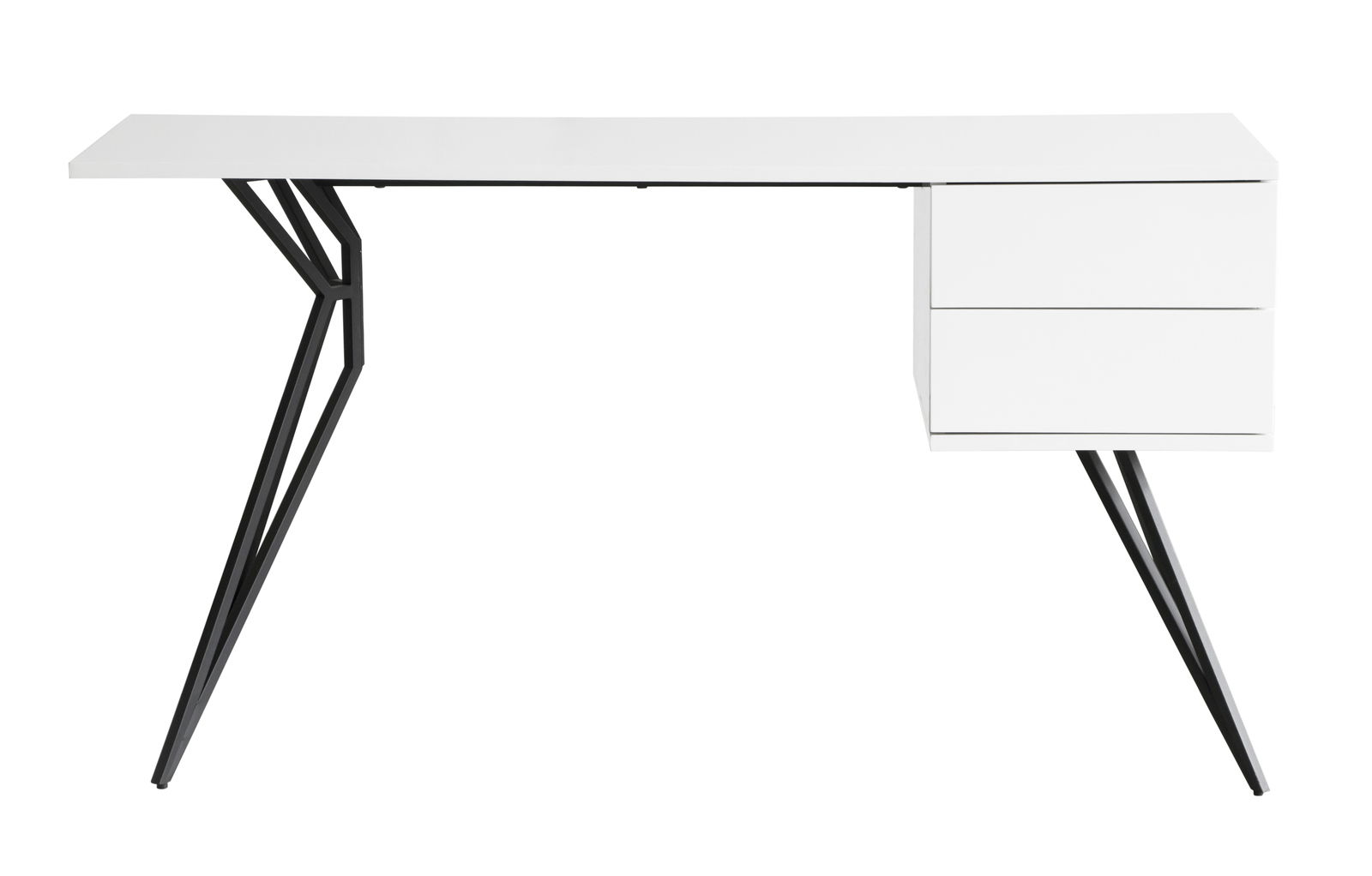 Moderner weißer Schreibtisch mit schwarzen Metallbeinen und zwei Schubladen, seitliche Perspektive