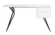Moderner weißer Schreibtisch mit schwarzen Metallbeinen und zwei Schubladen, seitliche Perspektive