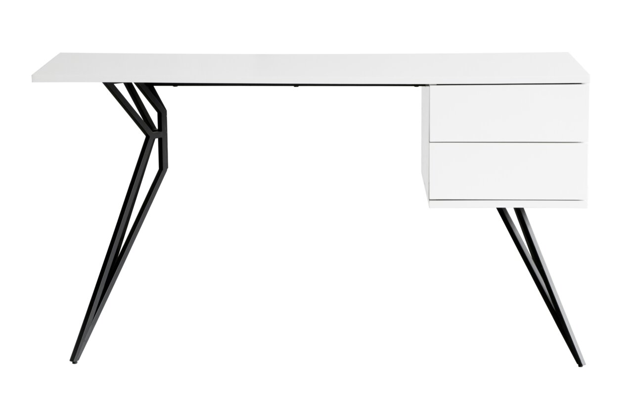 Moderner weißer Schreibtisch mit schwarzen Metallbeinen und zwei Schubladen, seitliche Perspektive