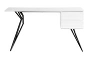 Modern wit bureau met zwarte metalen poten en twee lades, zijaanzicht