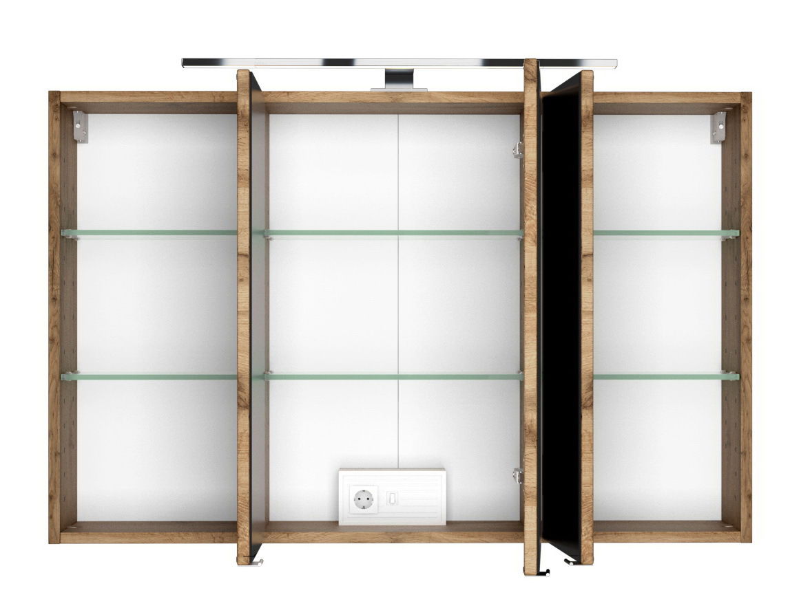 XORA Spiegelschrank LUCCA Spiegelschrank mit drei offenen Türen, Holzrahmen und Glasregalen, frontale Ansicht