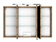 Spiegelschrank mit drei offenen Türen, Holzrahmen und Glasregalen, frontale Ansicht