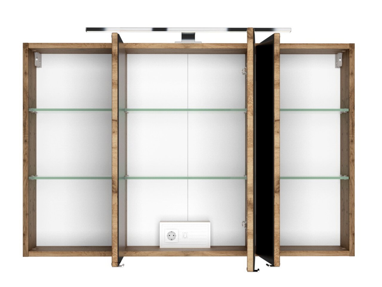 Spiegelschrank mit drei offenen Türen, Holzrahmen und Glasregalen, frontale Ansicht