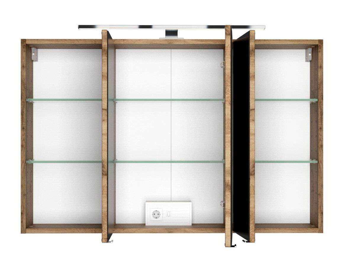 Spiegelschrank mit drei offenen Türen, Holzrahmen und Glasregalen, frontale Ansicht