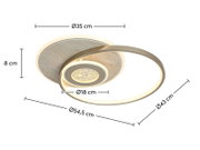 Moderne LED-Deckenleuchte mit zwei leuchtenden Ringen und runder Basis in Steinoptik, warmweißes Licht, Maßangaben Ø35 cm/Ø18 cm/Ø43 cm/Ø54,5 cm und Höhe 8 cm, dargestellt in schräger Ansicht von unten.