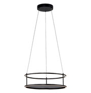 Moderne LED-Pendelleuchte mit zwei schwarzen Ringen, aufgehängt an dünnen Kabeln, seitliche Perspektive.