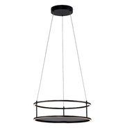 Moderne LED-Pendelleuchte mit zwei schwarzen Ringen, aufgehängt an dünnen Kabeln, seitliche Perspektive.