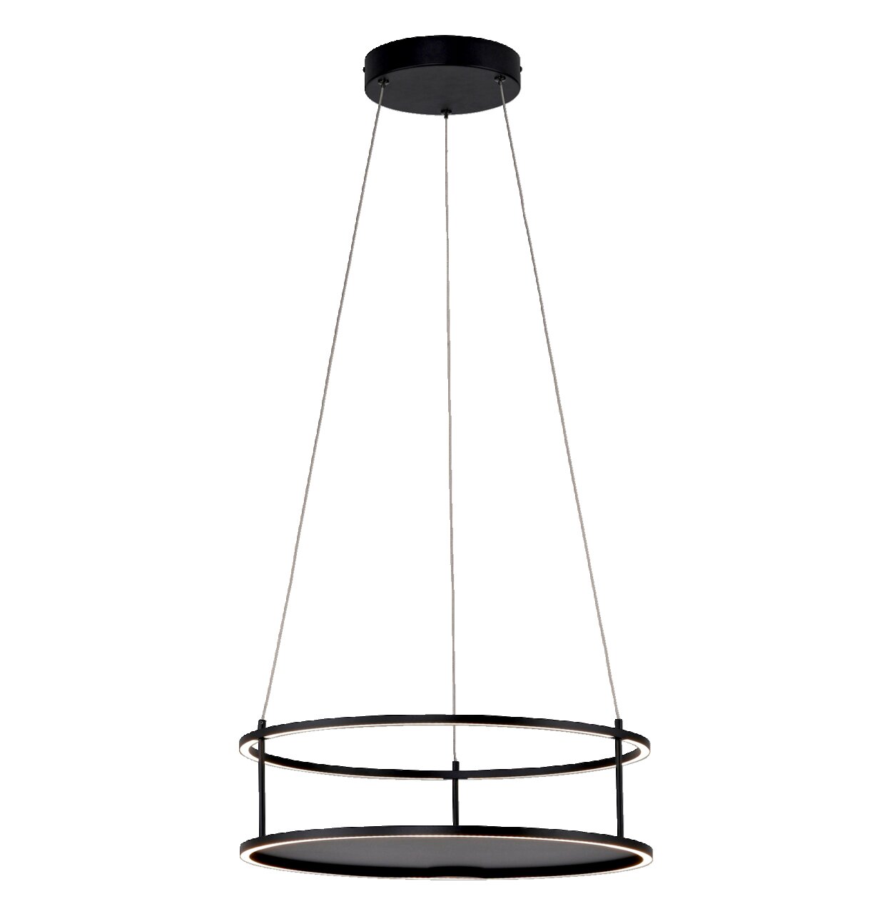 Moderne LED-hanglamp met twee zwarte ringen, opgehangen aan dunne kabels, zijaanzicht.