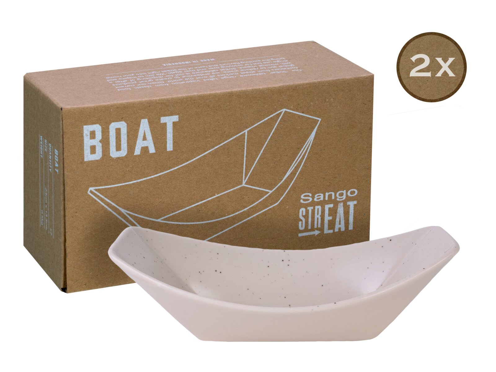 Creatable Boat 2-tlg STREET FOOD Sango STREAT BOAT Servierschale in Bootsform, weiß gesprenkelt, vor brauner Produktbox mit Aufdruck, 2er-Set; Perspektive: frontale leicht erhöhte Ansicht