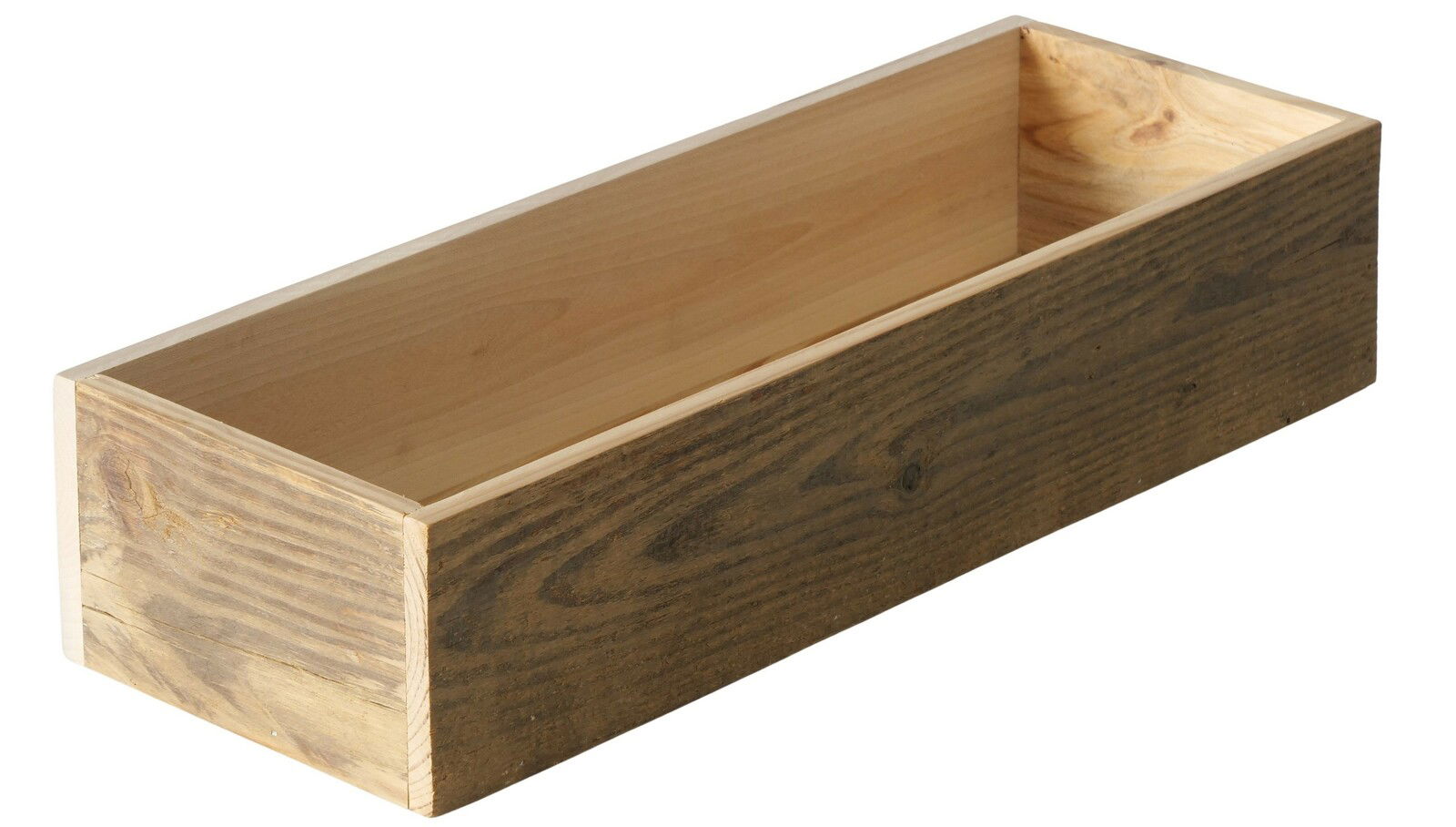 Holztablett Kreno in rechteckiger Form, aus hellem und dunklem Holz, perspektivisch von schräg oben fotografiert.