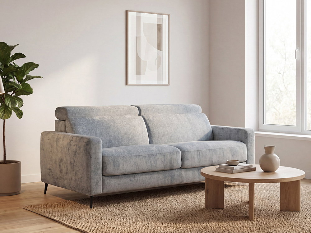 Grijze slaapbank in zitstand in een lichte, moderne woonkamer.