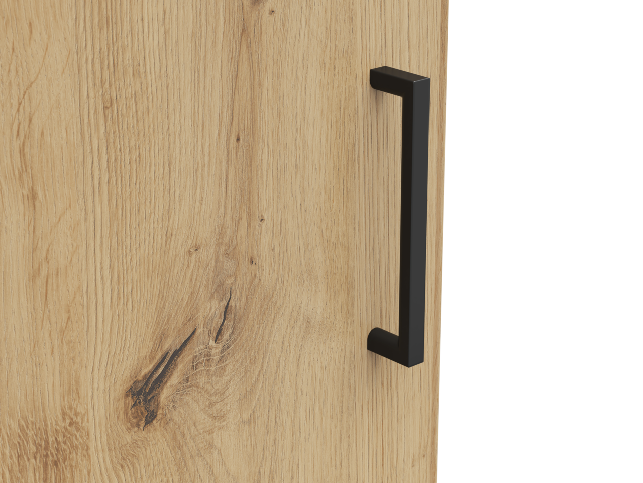 Nahaufnahme einer Holztür mit natürlicher Maserung und einem modernen schwarzen Griff, seitliche Perspektive.