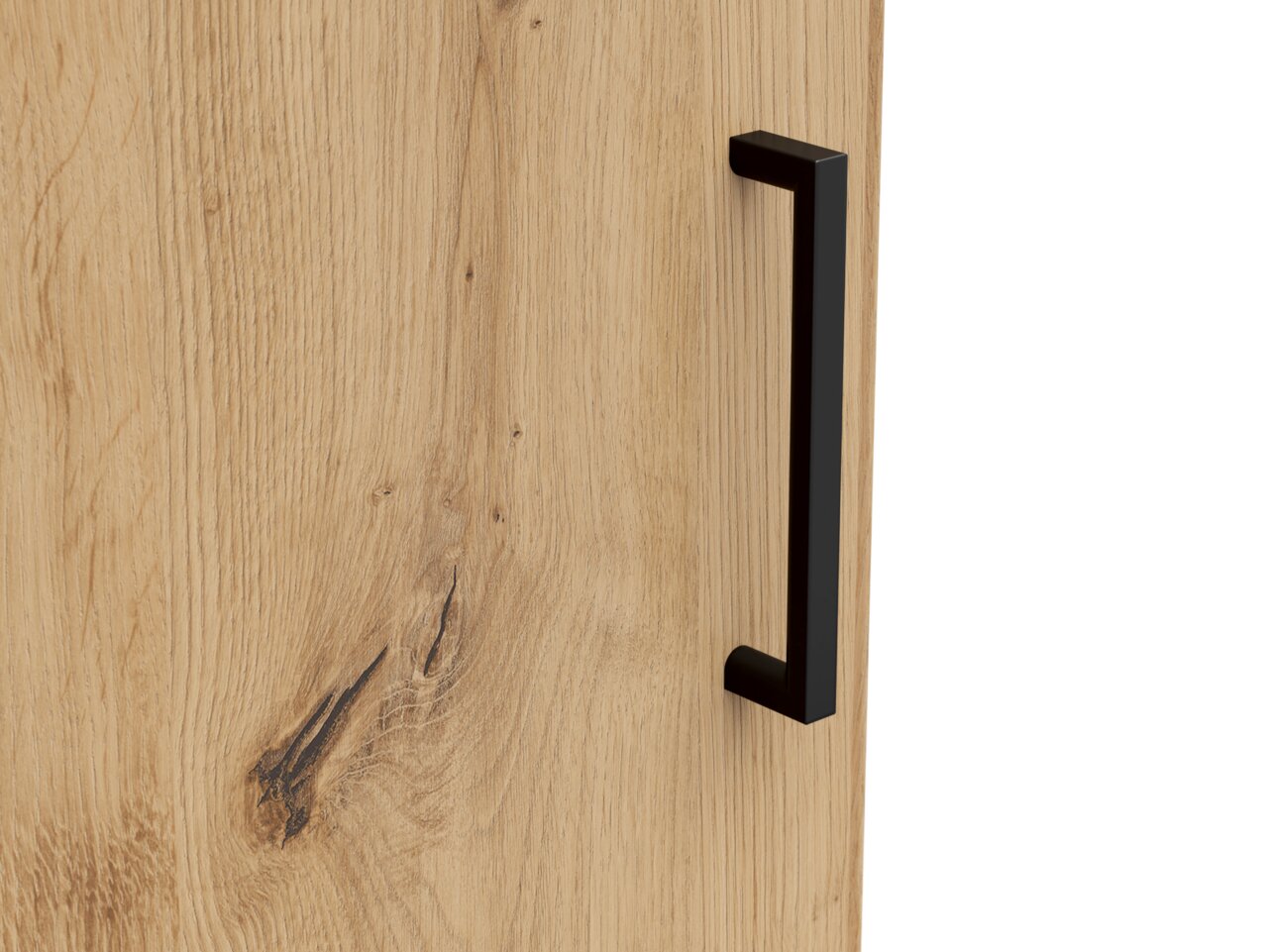 Nahaufnahme einer Holztür mit natürlicher Maserung und einem modernen schwarzen Griff, seitliche Perspektive.