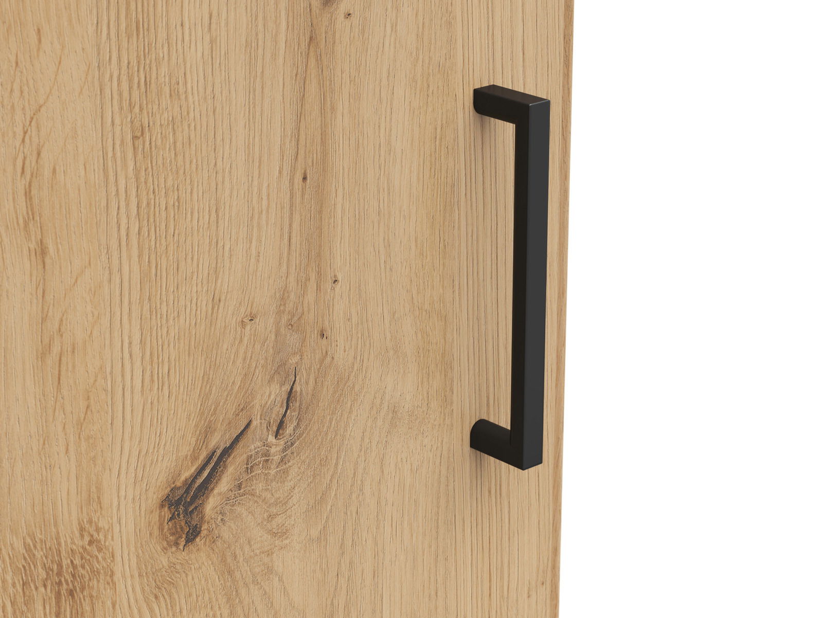 Nahaufnahme einer Holztür mit natürlicher Maserung und einem modernen schwarzen Griff, seitliche Perspektive.