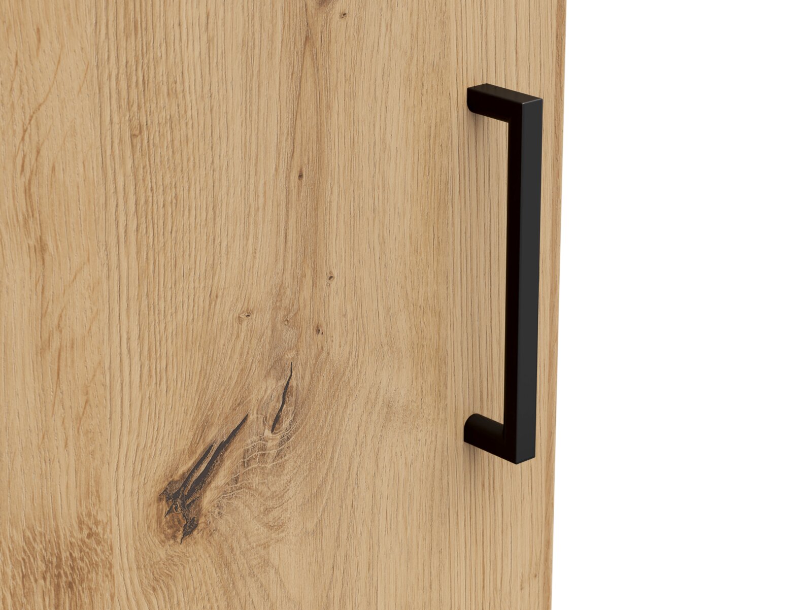 Nahaufnahme einer Holztür mit natürlicher Maserung und einem modernen schwarzen Griff, seitliche Perspektive.