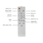 Weiße Fernbedienung für LED-Leuchte mit Ein/Aus, Memory-Funktion, 30-Minuten-Timer, Nachtlicht, Helligkeitsstufen und Farbtemperaturwahl 3000K/4000K/6500K, Frontalansicht.