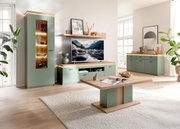 Modernes Wohnzimmer mit mintgrüner Wohnwand und Sideboard, TV-Lowboard mit Holzoptik und LED-Beleuchtung sowie Couchtisch, aufgenommen in Frontansicht mit leichter Schrägperspektive.