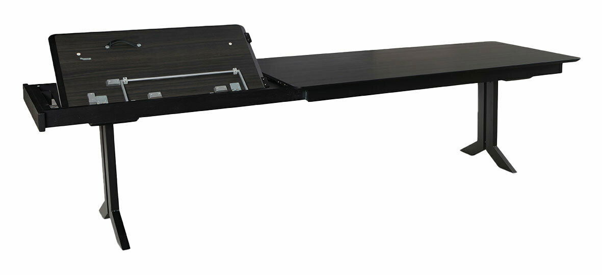 Esstisch 220x100cm in dunklem Holz, ausziehbar mit geöffneter Verlängerungsplatte, seitliche Perspektive