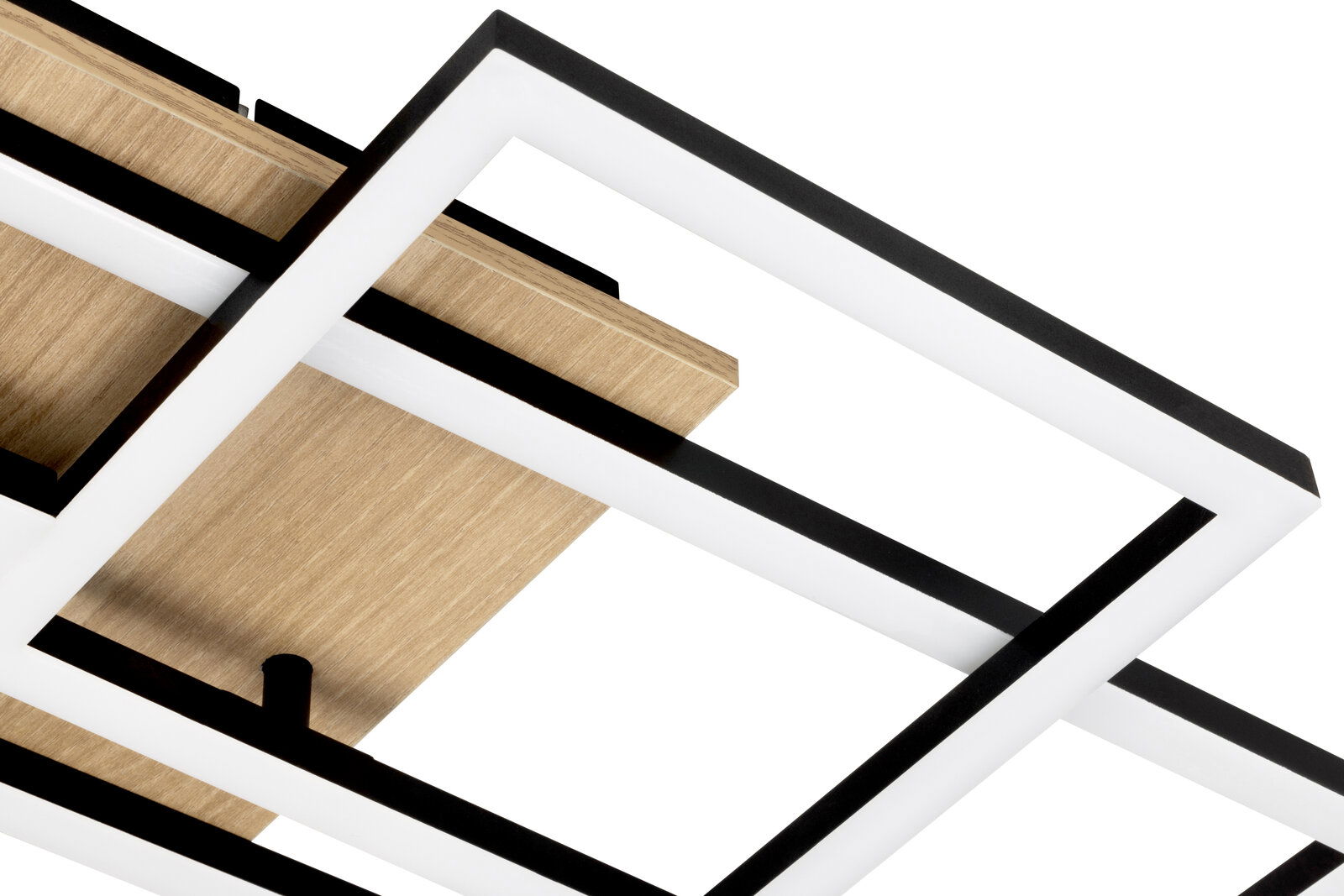 Moderne LED-Deckenleuchte mit geometrischem Design, aus der Seitenperspektive fotografiert.