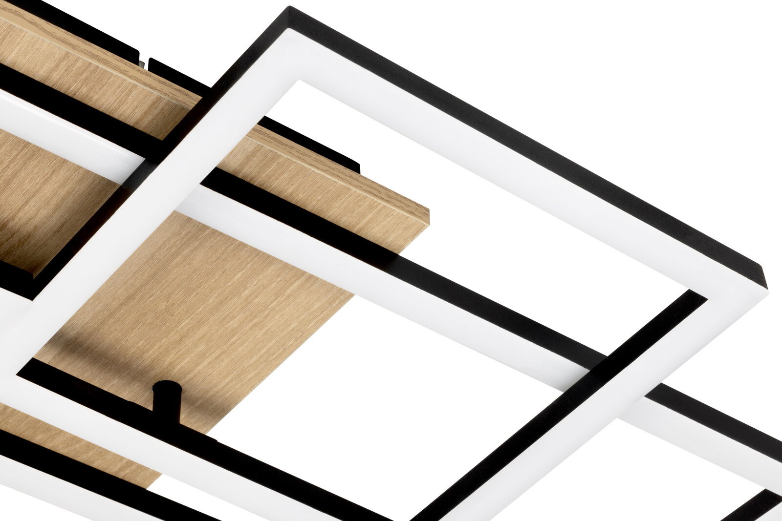 Moderne LED-Deckenleuchte mit geometrischem Design, aus der Seitenperspektive fotografiert.