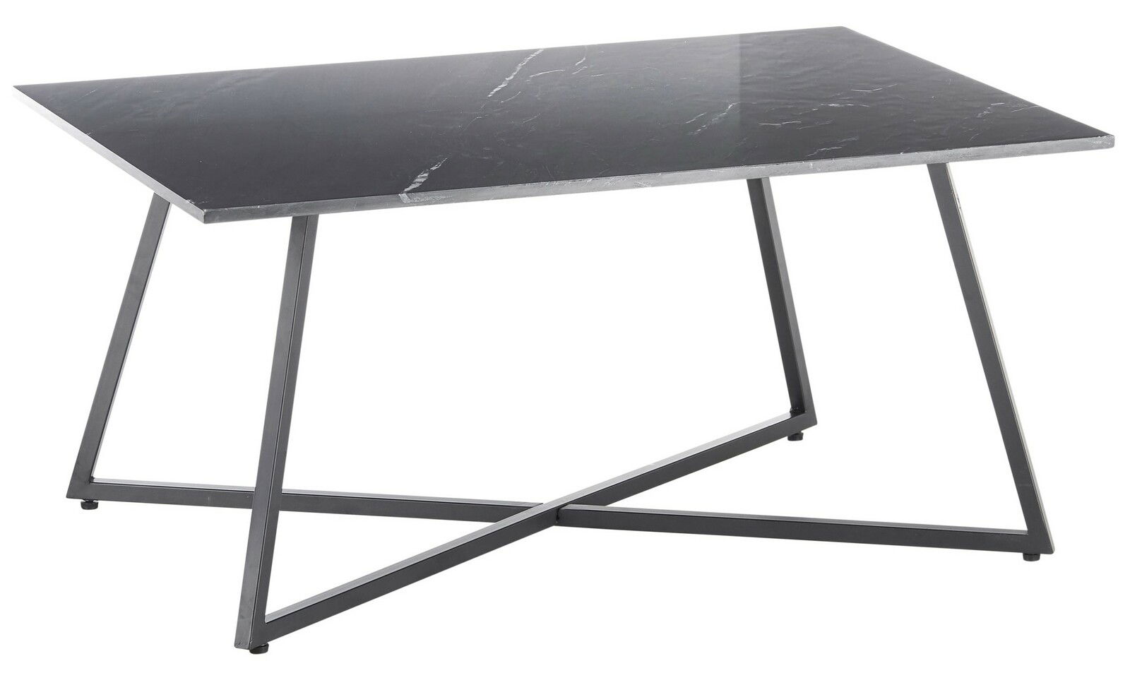 Moderner Couchtisch mit schwarzer Marmorplatte und schrägen Metallbeinen, seitliche Perspektive