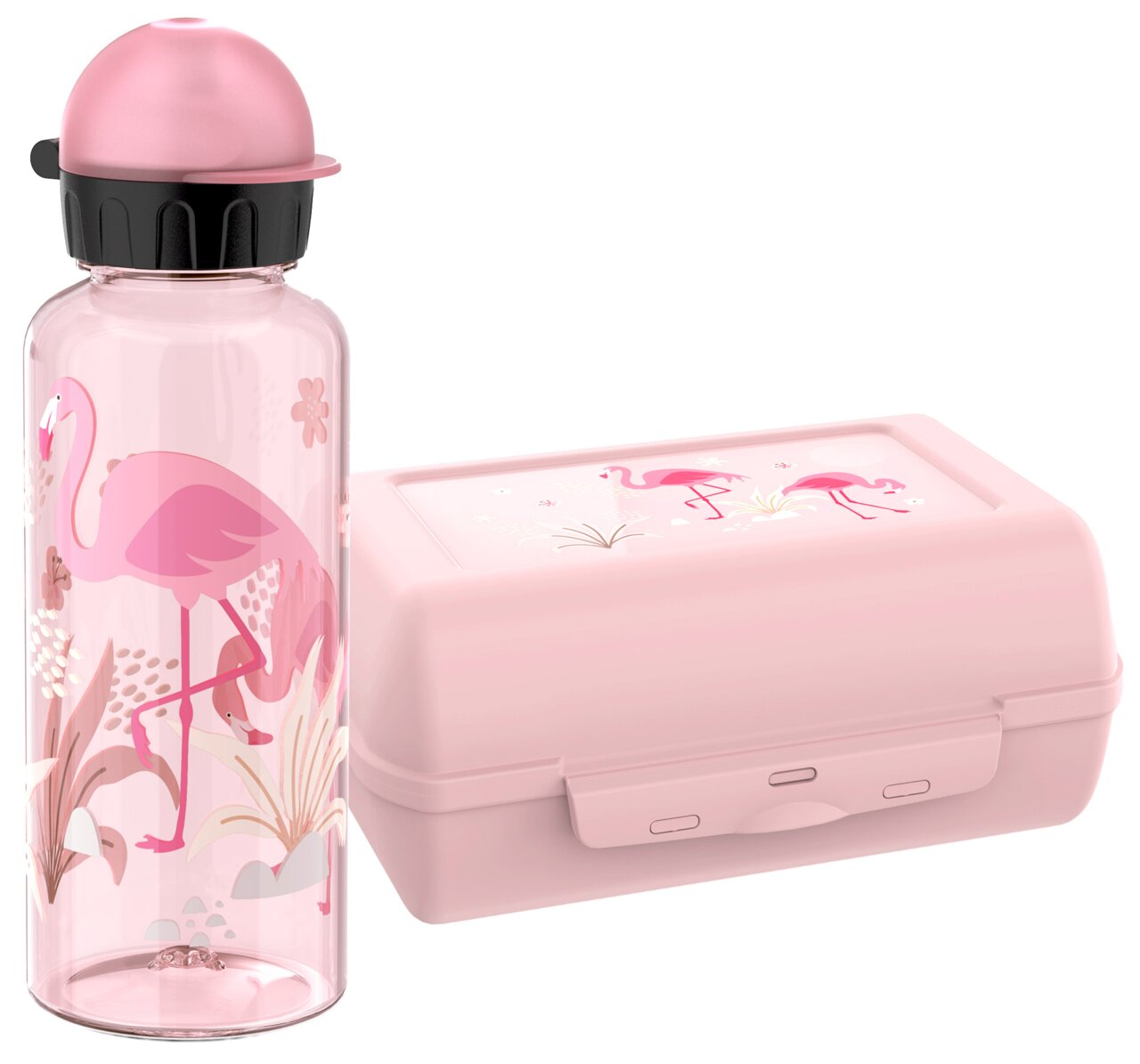 Emsa Kids-Set Flamingo 2-tlg. TRITAN Rosa Kinder-Set bestehend aus einer Trinkflasche und einer Brotdose mit Flamingo-Motiv, seitliche Perspektive