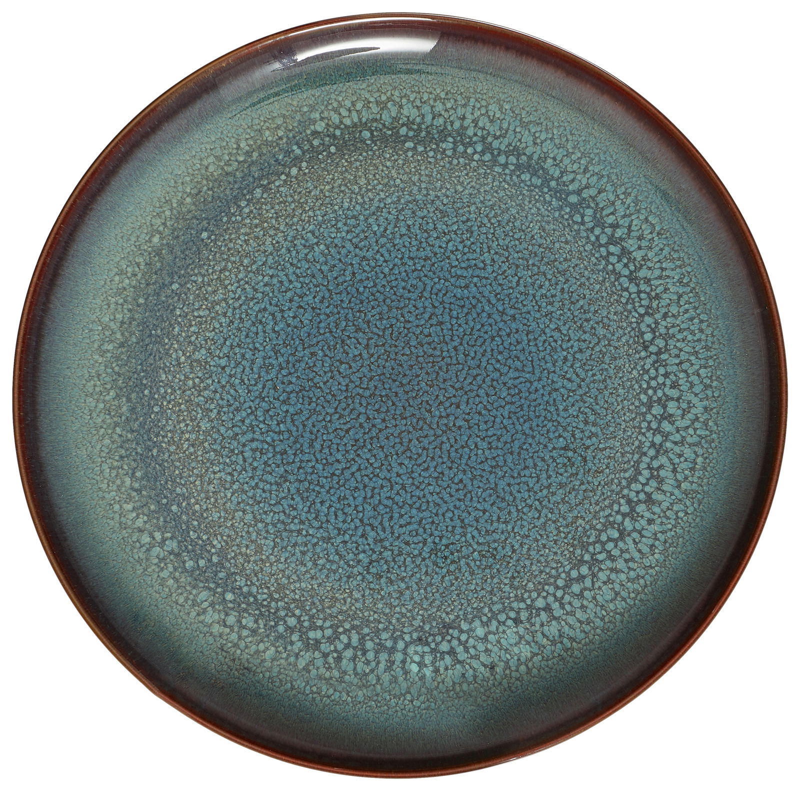 Runde Keramikplatte in Blau- und Brauntönen mit texturierter Oberfläche, Draufsicht