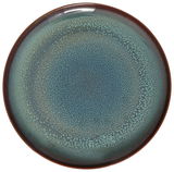 Runde Keramikplatte in Blau- und Brauntönen mit texturierter Oberfläche, Draufsicht