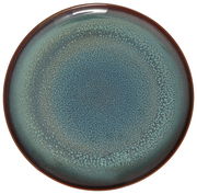 Runde Keramikplatte in Blau- und Brauntönen mit texturierter Oberfläche, Draufsicht