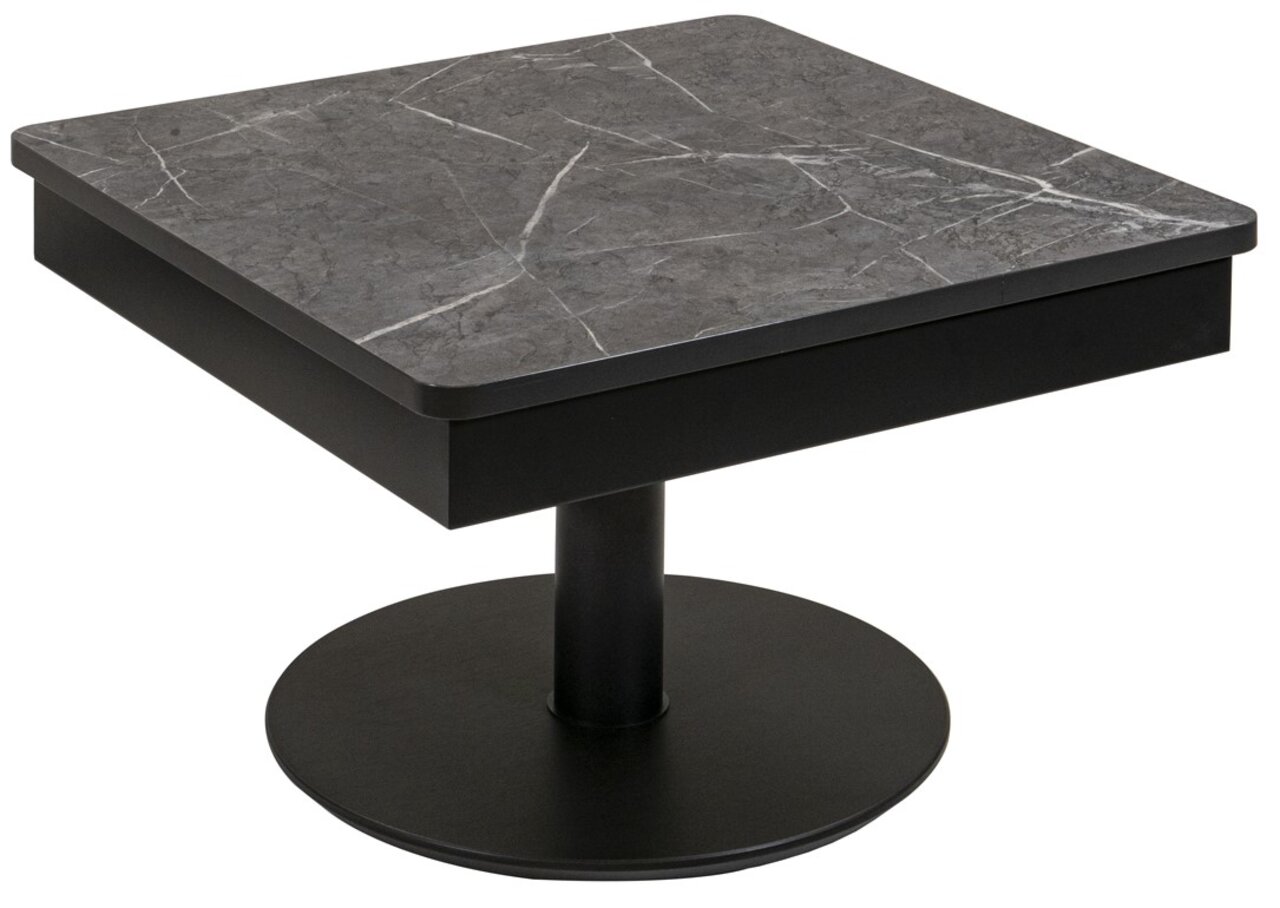 Moderne salontafel met een vierkant tafelblad in grijze marmerlook en een zwarte, ronde voet, gezien vanaf de zijkant