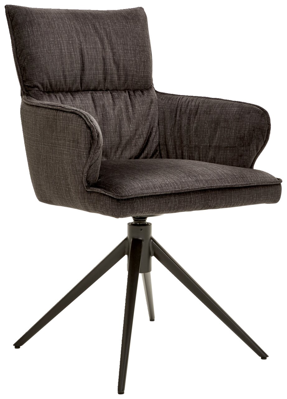 Grijze fauteuil met gestoffeerde zitting en rugleuning, zijaanzicht