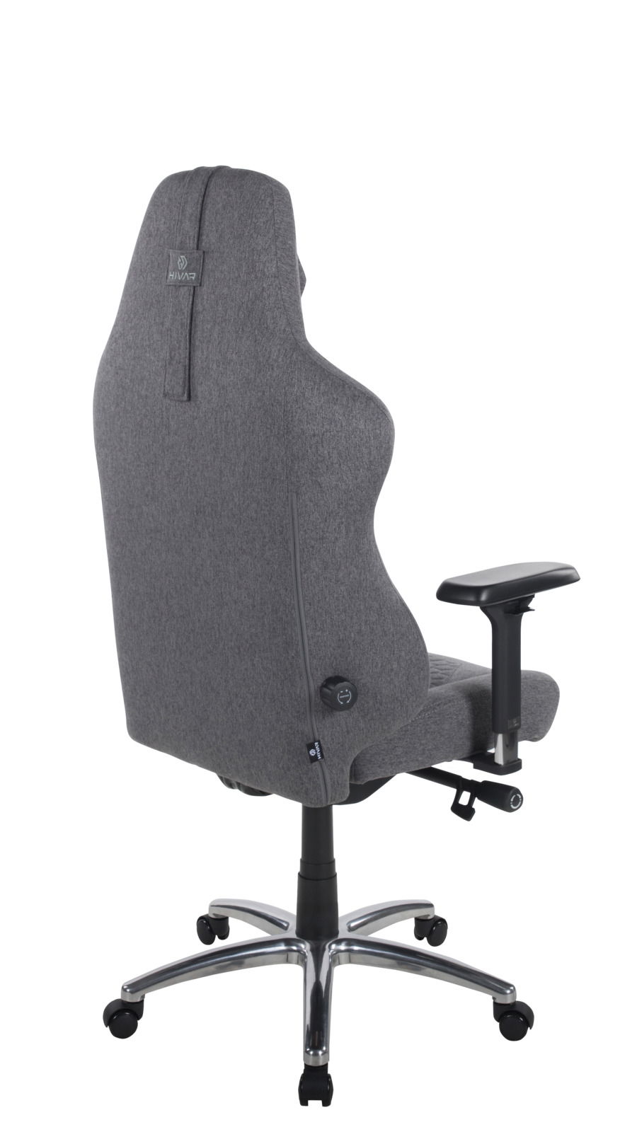 Rückansicht eines grauen Gaming-Stuhls mit verstellbaren Armlehnen und einem stabilen Metallfuß auf Rollen.