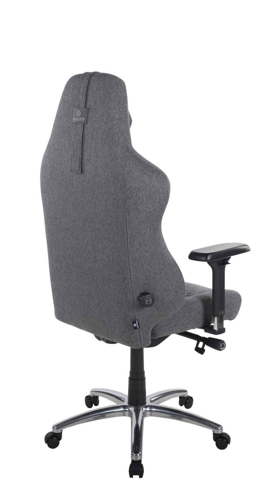 Rückansicht eines grauen Gaming-Stuhls mit verstellbaren Armlehnen und einem stabilen Metallfuß auf Rollen.