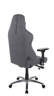 Rückansicht eines grauen Gaming-Stuhls mit verstellbaren Armlehnen und einem stabilen Metallfuß auf Rollen.