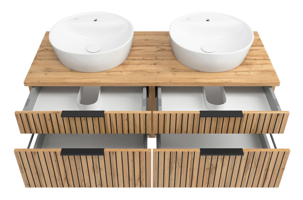 Waschtisch-Set mit zwei runden weißen Waschbecken auf einer Holzplatte, darunter vier Schubladen mit Holzlamellen-Design, Ansicht von oben.