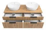 Waschtisch-Set mit zwei runden weißen Waschbecken auf einer Holzplatte, darunter vier Schubladen mit Holzlamellen-Design, Ansicht von oben.