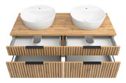 Waschtisch-Set mit zwei runden weißen Waschbecken auf einer Holzplatte, darunter vier Schubladen mit Holzlamellen-Design, Ansicht von oben.