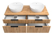 Waschtisch-Set mit zwei runden weißen Waschbecken auf einer Holzplatte, darunter vier Schubladen mit Holzlamellen-Design, Ansicht von oben.