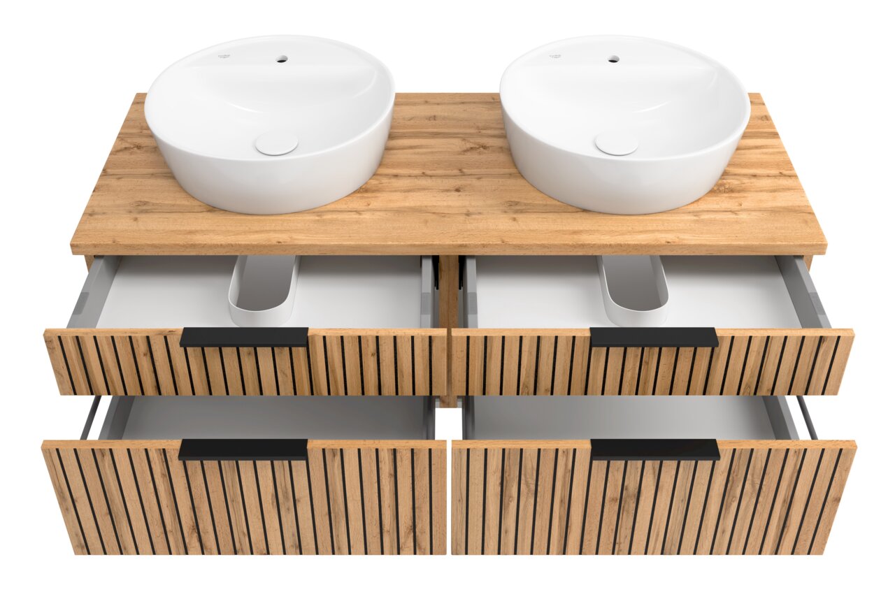 Waschtisch-Set mit zwei runden weißen Waschbecken auf einer Holzplatte, darunter vier Schubladen mit Holzlamellen-Design, Ansicht von oben.