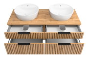 Waschtisch-Set mit zwei runden weißen Waschbecken auf einer Holzplatte, darunter vier Schubladen mit Holzlamellen-Design, Ansicht von oben.